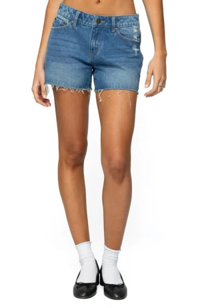 Edikted Scottie Raw Hem Low Rise Denim Shorts