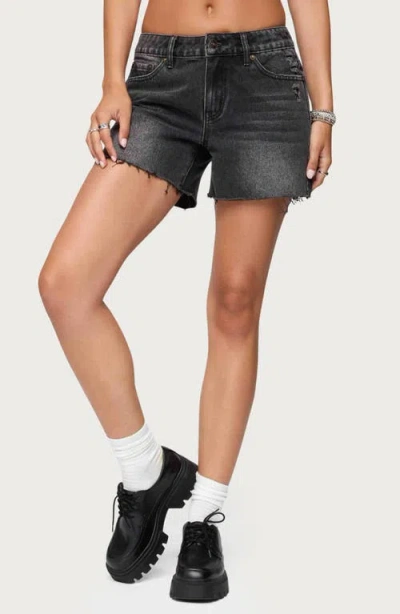 Edikted Scottie Raw Hem Low Rise Denim Shorts In Black