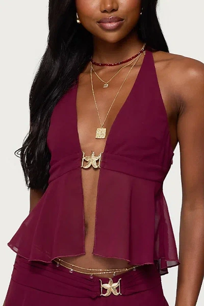 Edikted Sea Star Split Front Chiffon Halter Top In Burgundy