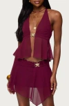 Edikted Sea Star Split Front Chiffon Halter Top In Burgundy
