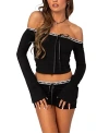 Edikted Seline Ribbon Trim Off The Shoulder Crop Top In Black