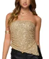 Edikted Sequin Asymmetric Slit Strapless Top In Gold