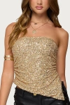 Edikted Sequin Asymmetric Slit Strapless Top In Gold