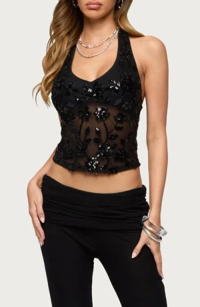 Edikted Sequin Beaded Mesh Halter Top In Black