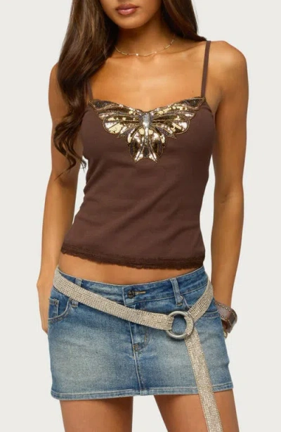 Edikted Sequin Butterfly Ribbed Tank Top In Brown