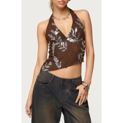 Edikted Sequin Floral Asymmetric Mesh Halter Top In Brown