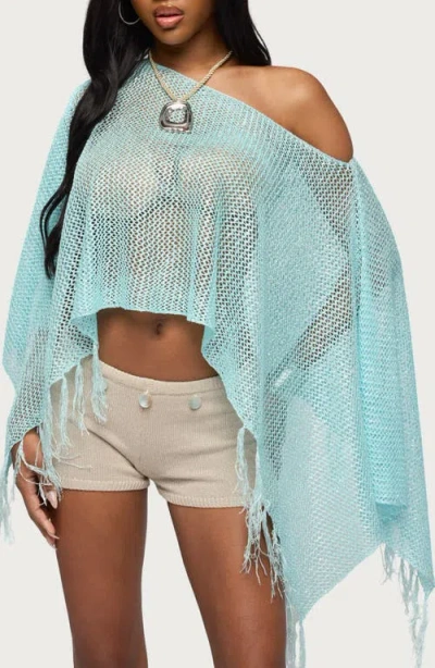 Edikted Sequin Fringe Knit Poncho In Blue
