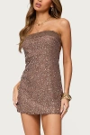 Edikted Sequin Back Cutout Strapless Minidress In Brown