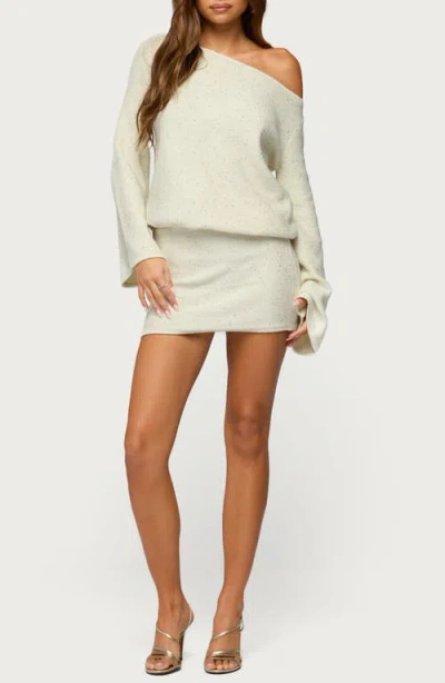 Edikted Sequin One-shoulder Long Sleeve Knit Minidress In White