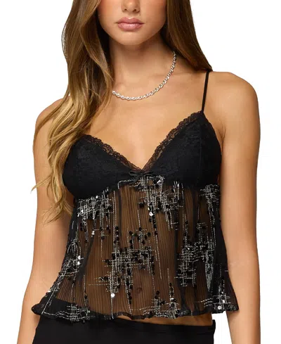 Edikted Sequin Sheer Mesh Babydoll Top In Black