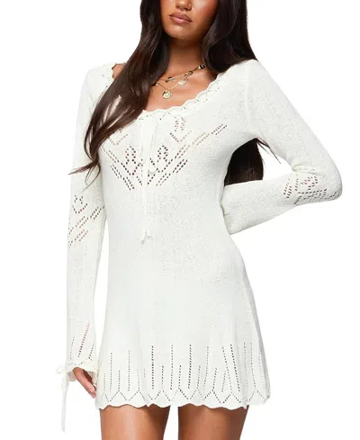 Edikted Shaia Pointelle Stitch Long Sleeve Minidress In White