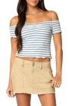 Edikted Shara Stripe Off The Shoulder Stretch Cotton Top In Blue-and-white