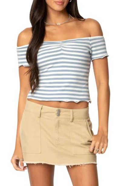 Edikted Shara Stripe Off The Shoulder Stretch Cotton Top In Blue And White