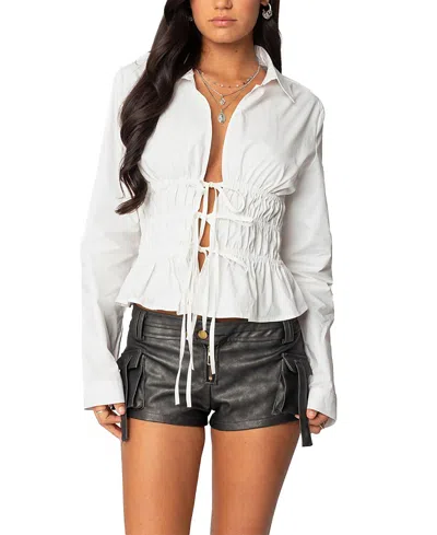 Edikted Sharon Tie Front Cotton Shirt In White