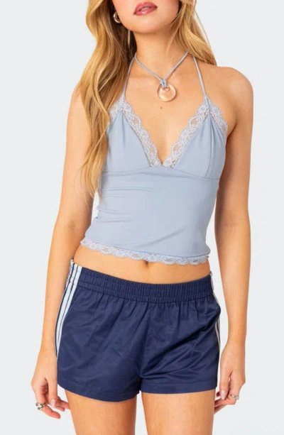 Edikted Sharona Lace Trim Crop Halter Top In Light-blue