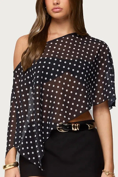 Edikted Sheer Chiffon Asymmetric Polka Dot Poncho Top In Black/and/white, Women's At Urban Outfitters