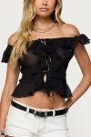 Edikted Ruffle Off The Shoulder Chiffon Top In Black