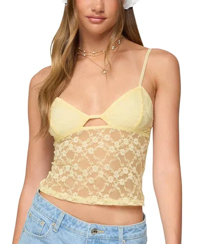 Edikted Cutout Sheer Crop Lace Camisole In Yellow