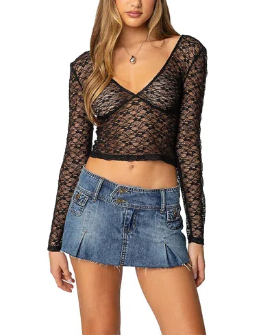 Edikted Long Sleeve Sheer Lace Crop Top In Black