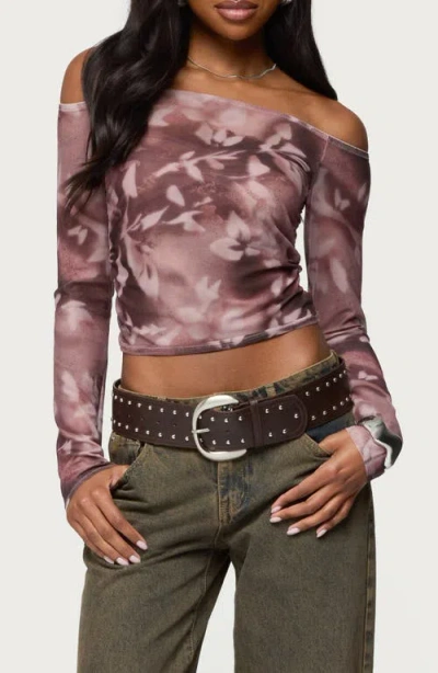 Edikted Sheer Mesh Off The Shoulder Top In Purple
