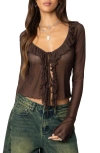 Edikted Sheer Mesh Ruffle Top In Brown