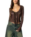 Edikted Sheer Mesh Ruffle Top In Brown