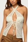 Edikted Sheer Net Sequin Split Front Top In Neutral