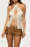 Edikted Sheer Net Sequin Split Front Top In Brown
