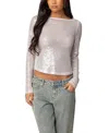 Edikted Sheer Sequin Long Sleeve Top In Cream