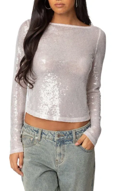 Edikted Sheer Sequin Long Sleeve Top In Metallic