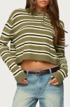 Edikted Shelby Stripe Crop Polo Sweater In Green