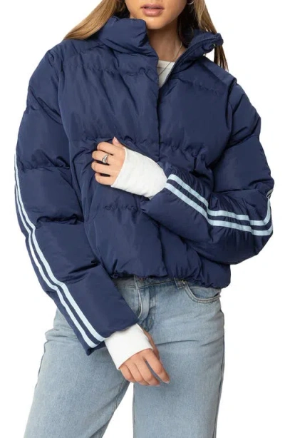 Edikted Sherry Side Stripe Puffer Jacket In Navy