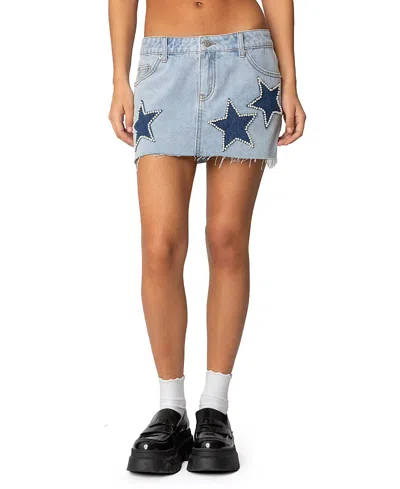 Edikted Shining Star Embellished Denim Miniskirt In Light-blue