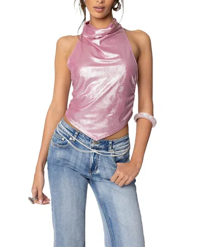 Edikted Shiny Backless Cowl Neck Top In Pink