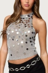 Edikted Metallic Paillette Sequin Open Back Halter Semisheer Crop Top In Silver
