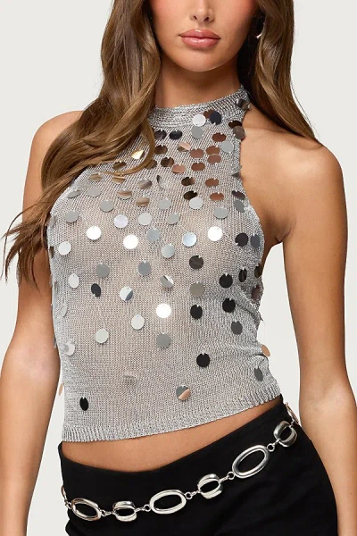 EDIKTED SHINY SEQUIN BACKLESS HALTER TOP IN SILVER, WOMEN'S AT URBAN OUTFITTERS