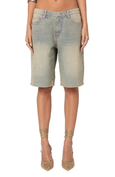 Edikted Shira Low Rise Washed Denim Bermuda Shorts In Blue-washed