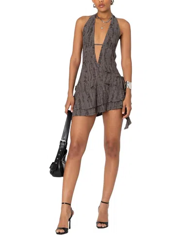 Edikted Shredded Backless Halter Mini Dress In Brown