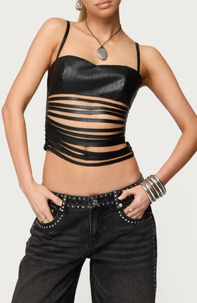 Edikted Shredded Faux Leather Bustier Top In Black