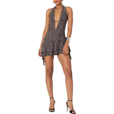 Edikted Shredded Backless Halter Mini Dress In Brown
