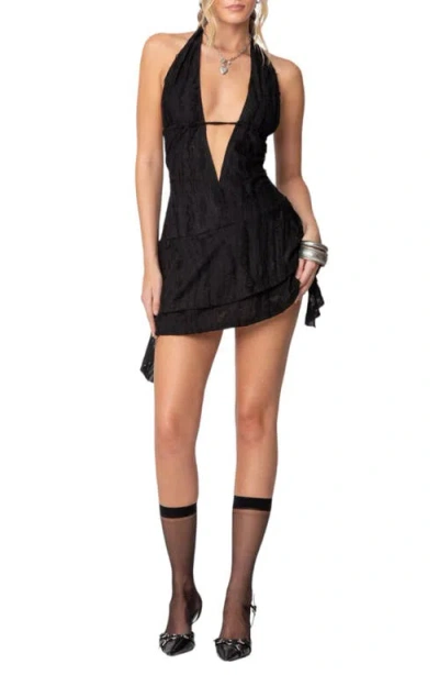 Edikted Shredded Open Back Plunge Minidress In Black