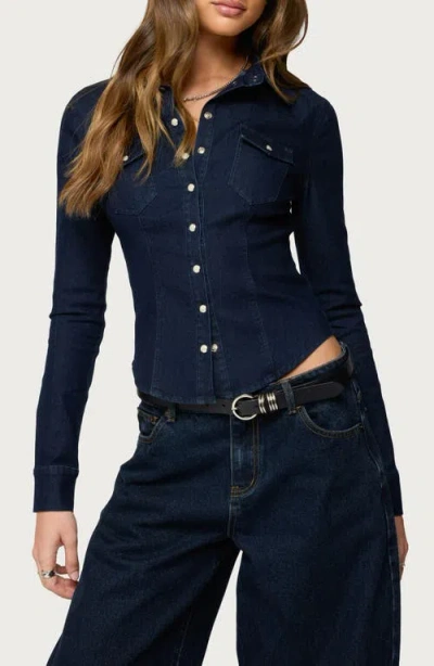 Edikted Shylo Fitted Denim Snap-up Shirt In Blue