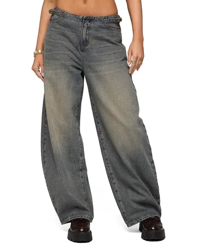 Edikted Side Belt Low Rise Barrel Jeans In Gray