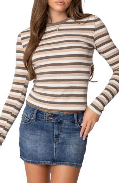 Edikted Sivan Stripe Stretch Cotton T-shirt In Beige