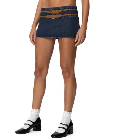 Edikted Skye Double Buckle Low Rise Denim Miniskirt In Blue