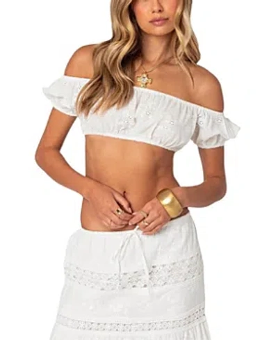 Edikted Skye Off The Shoulder Cotton Eyelet Crop Top In White