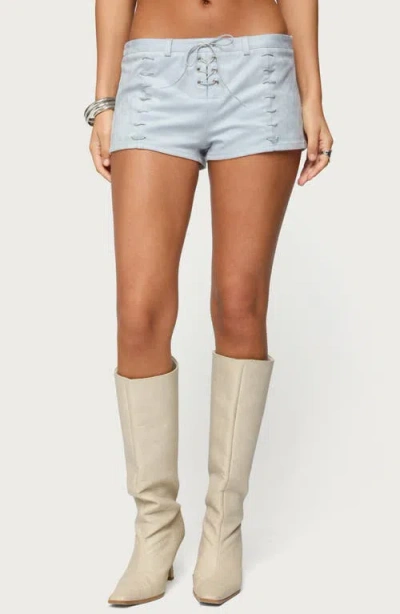 Edikted Sloane Faux Suede Micro Shorts In Blue