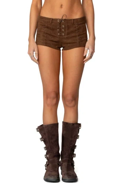 Edikted Sloane Faux Suede Micro Shorts In Brown