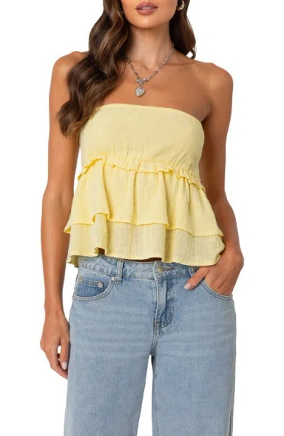 Edikted Smocked Ruffle Strapless Top In Yellow