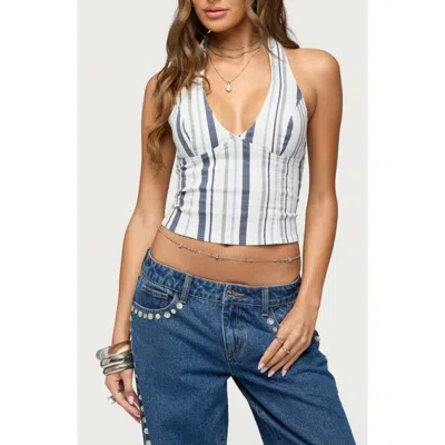 EDIKTED EDIKTED SOFEY STRIPE DENIM HALTER TOP